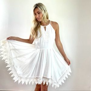 Greylin White Halter Crochet-Trim Mini Dress